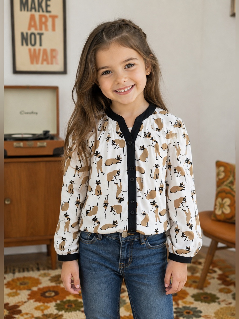 Gymboree Retro Cat Print Button Down Blouse Girls Size 7 NWT White Black Tan